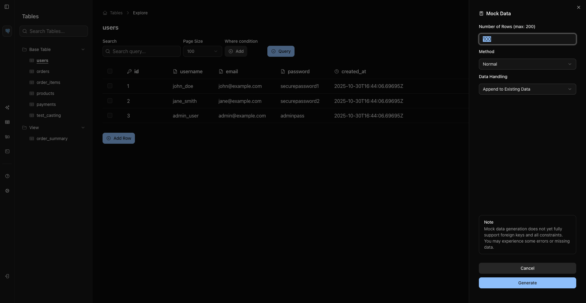 Mock Data Dialog