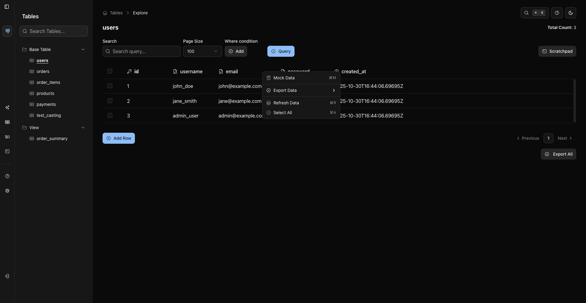 Table Header Context Menu