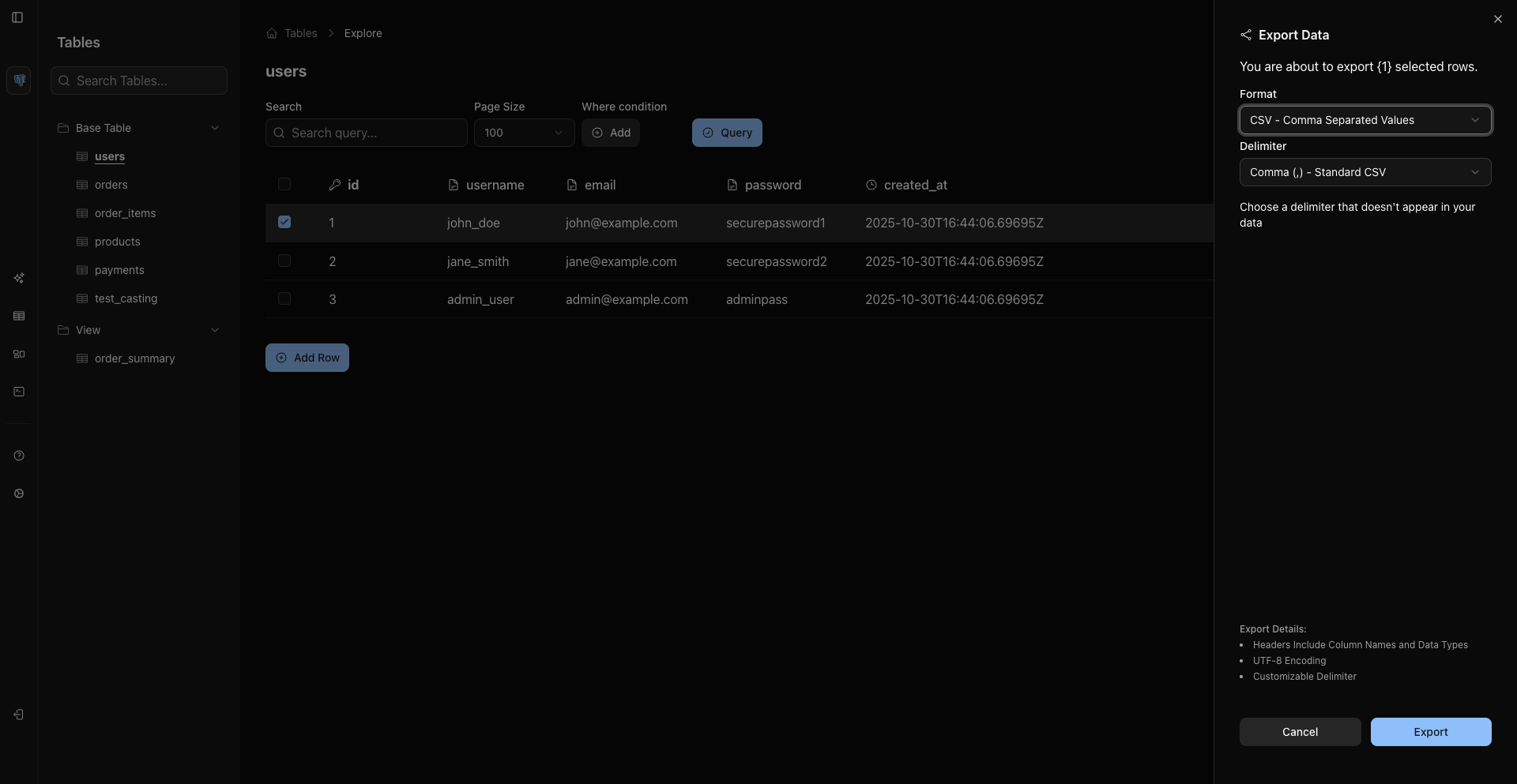 Export Selected Rows